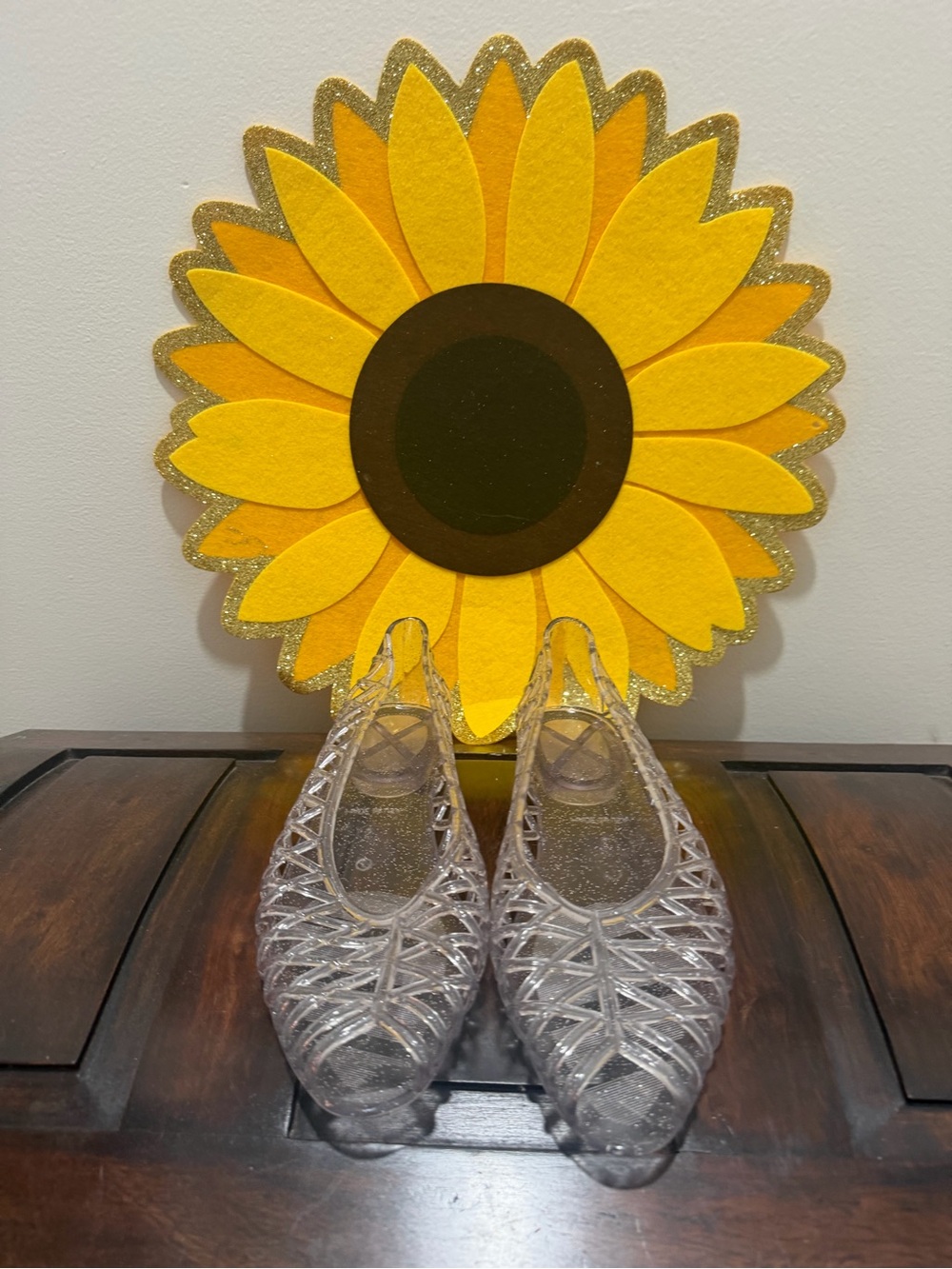 Clear Glitter Jelly Flats - Yellow Sunflower Accent